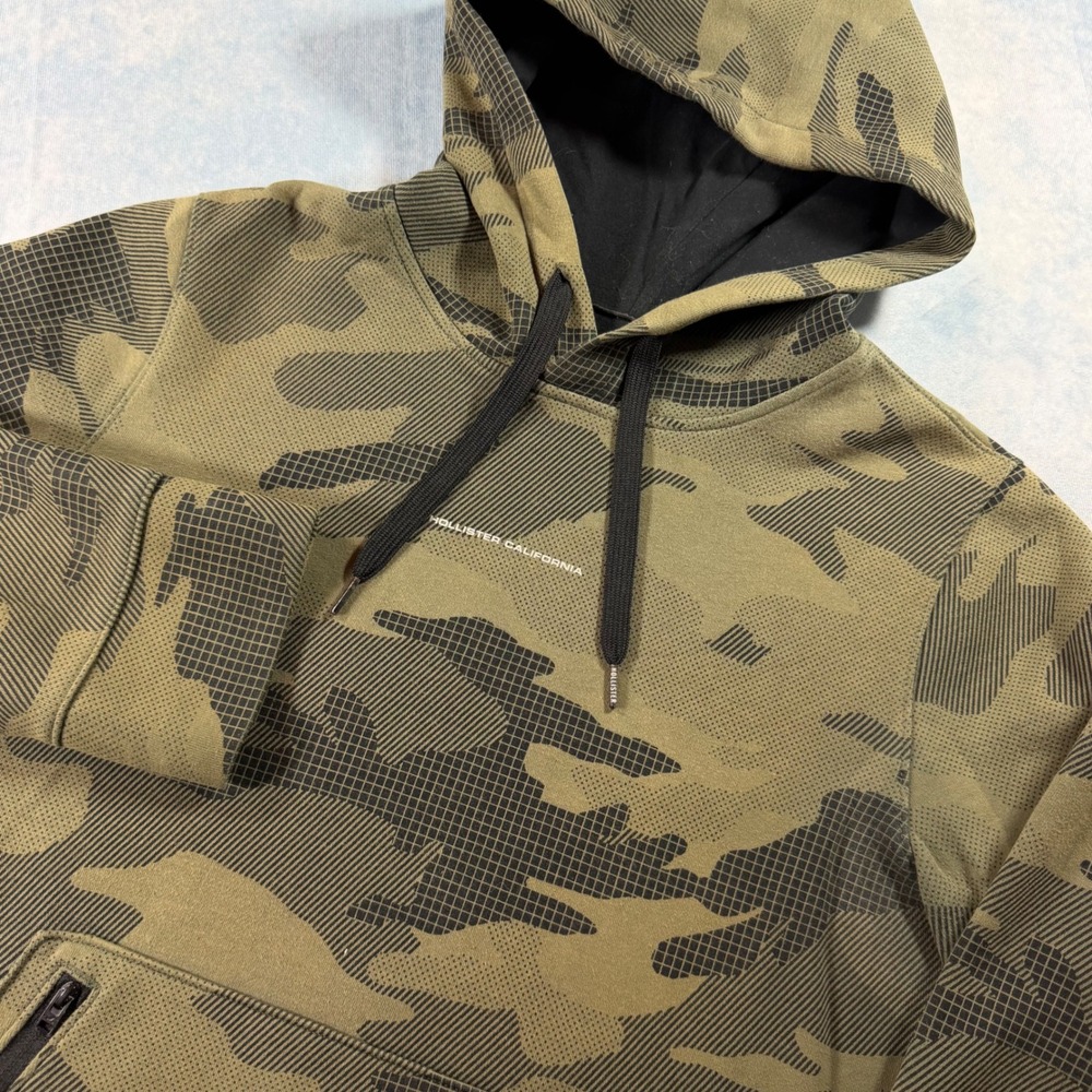 Hollister Hoodie Mens S Green Excellent Camo Grid Zip Pocket Pullover 3059
